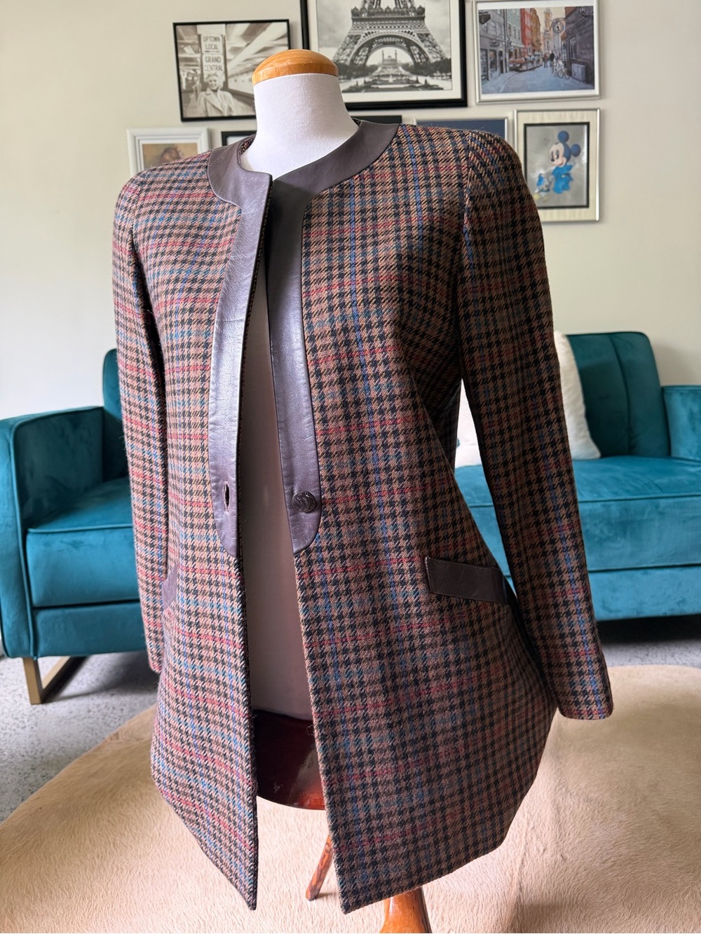 Vintage Classic Plaid Wool Blend Coat with Leather Trim - Brown Multicolor